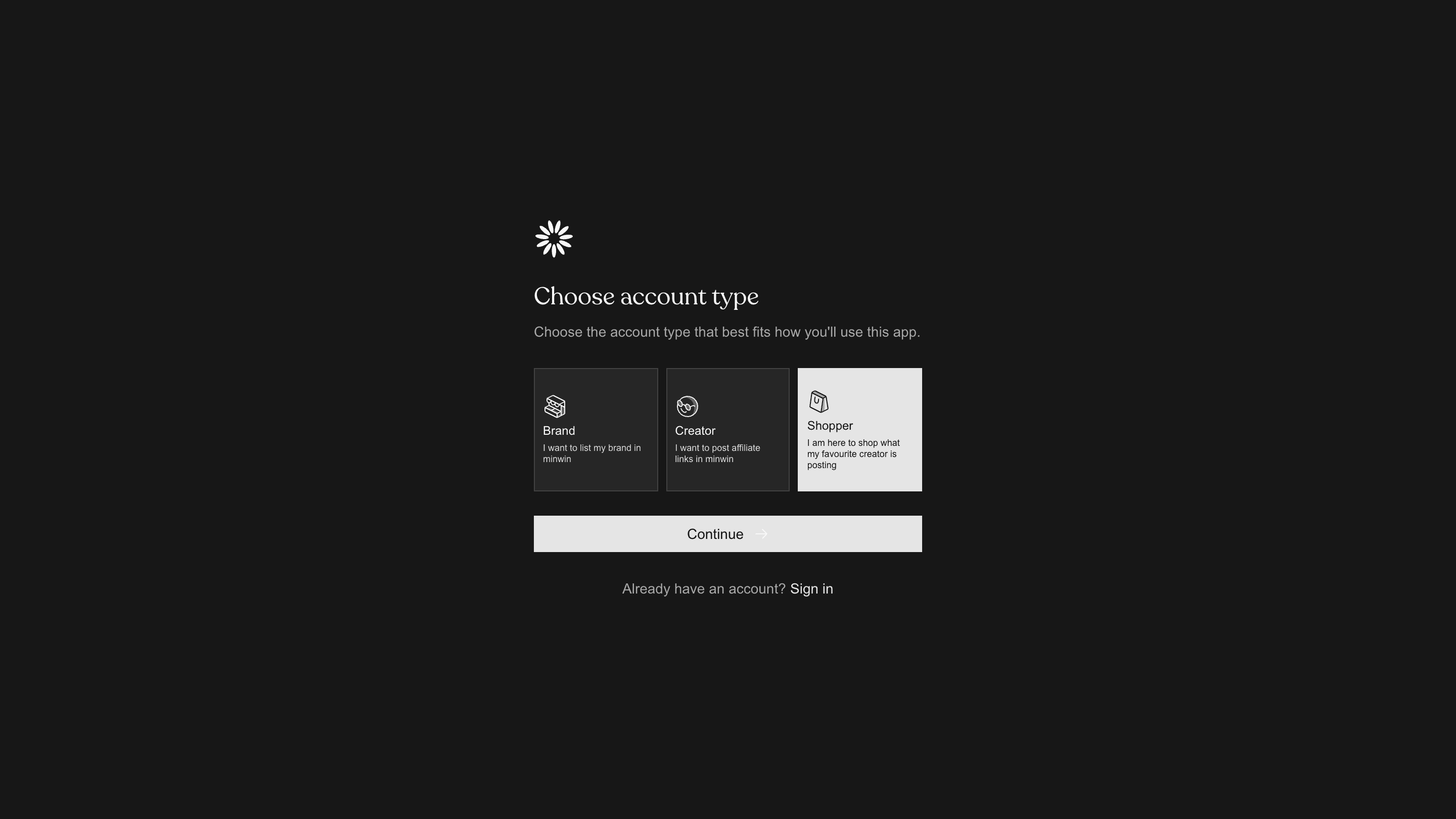 Account role selector interface in dark mode