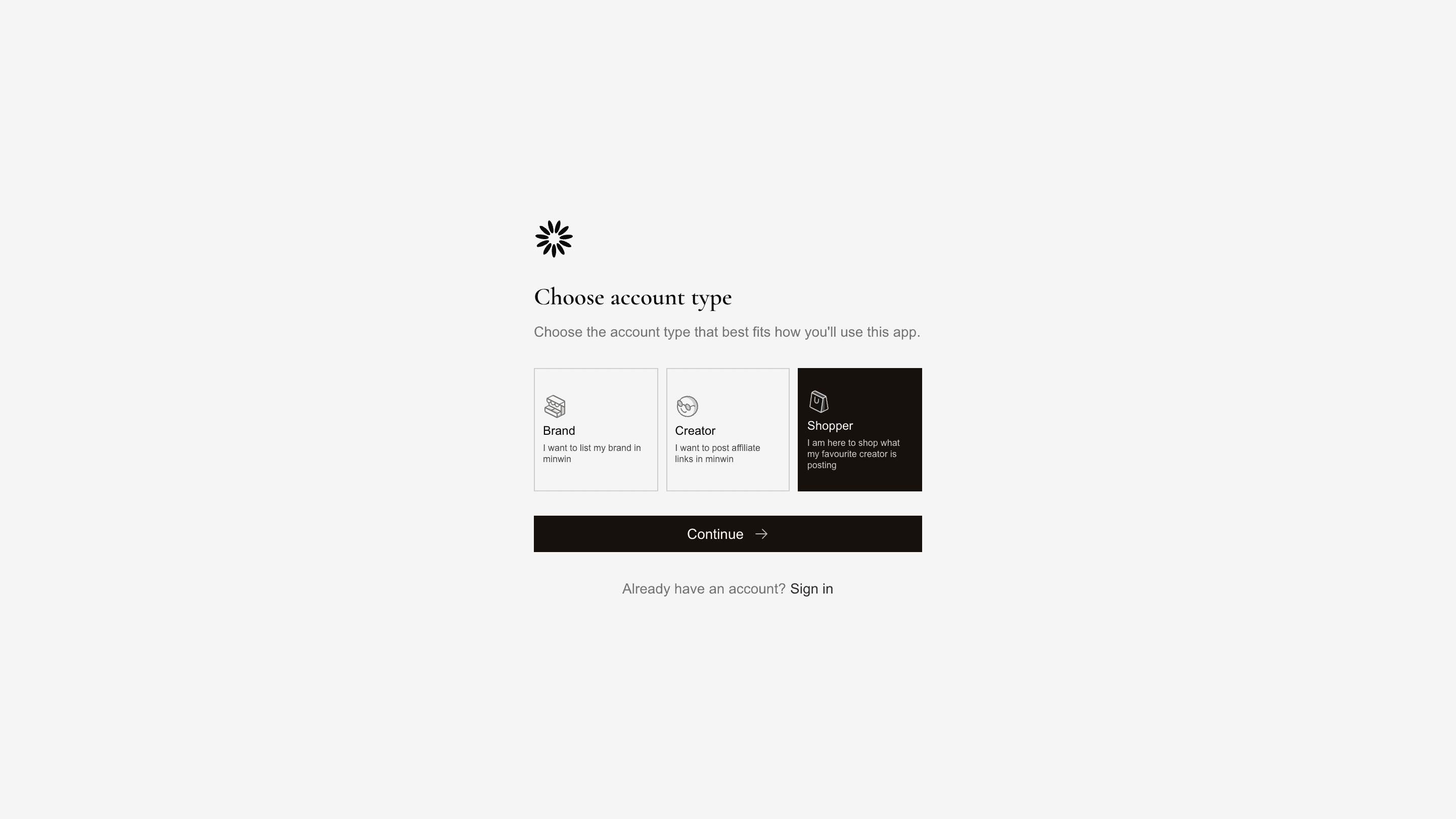 Account role selector interface in light mode